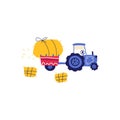 A tractor with a hay bale. Composition in hand-drawn cartoon Scandinavian doodle style. The colorful limited palette is