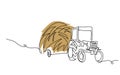 Tractor with hay stack, haycock, straw, thatch. Vector background, banner, poster. One continuous line art drawing