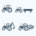 Tractor icons set with higher lift, tiller.