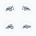 Tractor icons set with higher lift, tiller.