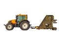 Tractor with an industrial lawn mower trailer drives along the airfield isolated white background Royalty Free Stock Photo