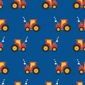 Tractor kids pattern. Seamless vector background tractors on blue.