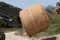 Tractor loader lifts up a bale of hay. Round rammed straw roll