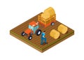 Tractor lorry. Agricultural work, man digs ground. Isometric plantation, harvesting time vector illustration