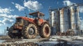 A tractor parked in front of large grain silos. Royalty Free Stock Photo