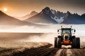 Tractor Ploughing The Field. Big Orange Tractor Working On The Field. Generative AI