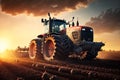 Tractor ploughs field. generative AI. Tractor in the field under sunset light Royalty Free Stock Photo
