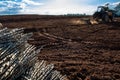 A tractor plow the soil next to pieces of adult cassava stem, known as maniva