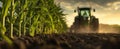 The tractor plowing through a cornfield at sunset amidst golden skies. AI generated image Royalty Free Stock Photo