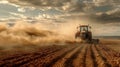 Tractor Plowing Field with Dynamic Soil Dust Cloud