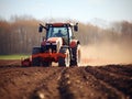 Tractor plowing field in early spring. farmer with tractor - sowing crops in agricultural field Royalty Free Stock Photo