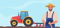 Tractor plowing the field and farmer stands in the foreground. Rural farm landscape. Agriculture concept. Farm Machine. Vector