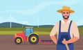 Tractor plowing the field and farmer stands in the foreground. Rural farm landscape. Agriculture concept. Farm Machine. Vector