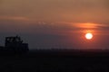 Tractor plowing plow the field on a background sunset. tractor silhouette on sunset background