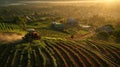 Tractor plowing terraced farm fields at sunrise, with golden light illuminating the vibrant agricultural landscape. Royalty Free Stock Photo