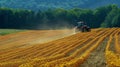 A tractor plows through a field of bright yellow seed plants churning up the rich soil that will nourish the crops and Royalty Free Stock Photo