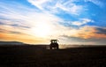 Tractor plows a field in the spring accompanied by rooks Tractor