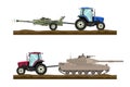 Tractor pulls the tank. Ukrainian farmer is towing a cannon. Isolated 3D image of a symbol of war. Military scene