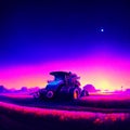 Tractor on the road at night with a beautiful purple sky. AI generated