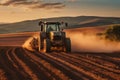 tractor with Roller, Smoothing and firming the soil after plowing or seeding in rolling countryside landscapes during late