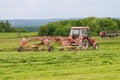 A tractor with a rotary rake rakes freshly cut grass for silage in the field