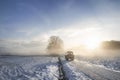 Tractor silhouette through fog at sunrise Royalty Free Stock Photo