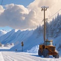 Tractor with snow plow cleaning road