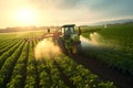 Tractor spray fertilizer on green field drone high angle view, agriculture background concept