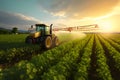 Tractor spray fertilizer on green field drone high angle view, agriculture background concept