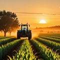 Tractor with a sprayer on a field of wheat at sunset Royalty Free Stock Photo