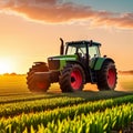 Tractor with a sprayer on a field of wheat at sunset Royalty Free Stock Photo