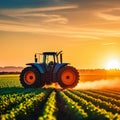 Tractor with a sprayer on a field of wheat at sunset Royalty Free Stock Photo
