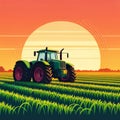Tractor with a sprayer on a field of wheat at sunset Royalty Free Stock Photo