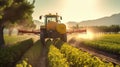 Tractor spraying corn field. Generative AI Royalty Free Stock Photo