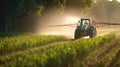 Tractor spraying corn field. Generative AI Royalty Free Stock Photo