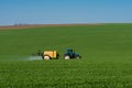 Tractor spraying pesticide in a field of wheat Royalty Free Stock Photo