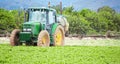 Tractor spraying pesticide, pesticides or insecticide spray on lettuce or iceberg field at sunset. Pesticides and insecticides on