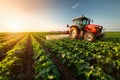 A tractor spraying pesticide on soybean farm at spring sunset.