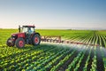 Tractor spraying pesticides fertilizer on corn field. Generative AI Royalty Free Stock Photo
