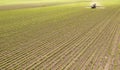 Tractor spraying pesticides at soy bean field Royalty Free Stock Photo