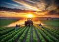 Tractor spraying pesticides on soy field with sprayer at sunset. tractor in field Royalty Free Stock Photo