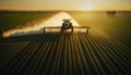 Tractor spraying pesticides on soy field with sprayer at sunset. Harvesting. Sowing the crop. Field processing. generated ai Royalty Free Stock Photo