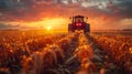 Tractor spraying pesticides on soybean field with flowers at sunset Royalty Free Stock Photo