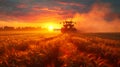 Tractor spraying pesticides on soybean field with flowers at sunset Royalty Free Stock Photo