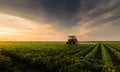 Tractor spraying pesticides on soybean field with sprayer at spring Royalty Free Stock Photo