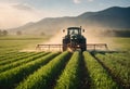 Tractor spraying pesticides on soybean field with sprayer at spring. Organic farm and agriculture. Ai generation Royalty Free Stock Photo