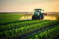 Tractor spraying pesticides on soybean field with sprayer at spring, Tractor spraying pesticides fertilizer on soybean crops farm Royalty Free Stock Photo