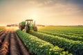 Tractor spraying pesticides on soybean field with sprayer at sunset. Generative AI Royalty Free Stock Photo