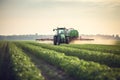 Tractor spraying pesticides on soybean field with sprayer at sunset. Generative AI Royalty Free Stock Photo