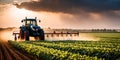 Tractor spraying pesticides on soybean field with sprayer at sunset Royalty Free Stock Photo